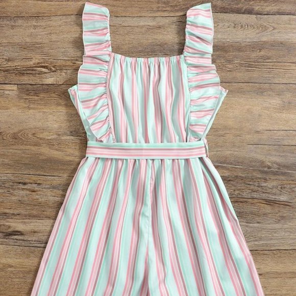 Women's Romper XL Baby Pink-Mint Green Stripes Ruffle Trim Romper w/ Belt 12-14 - Picture 2 of 7